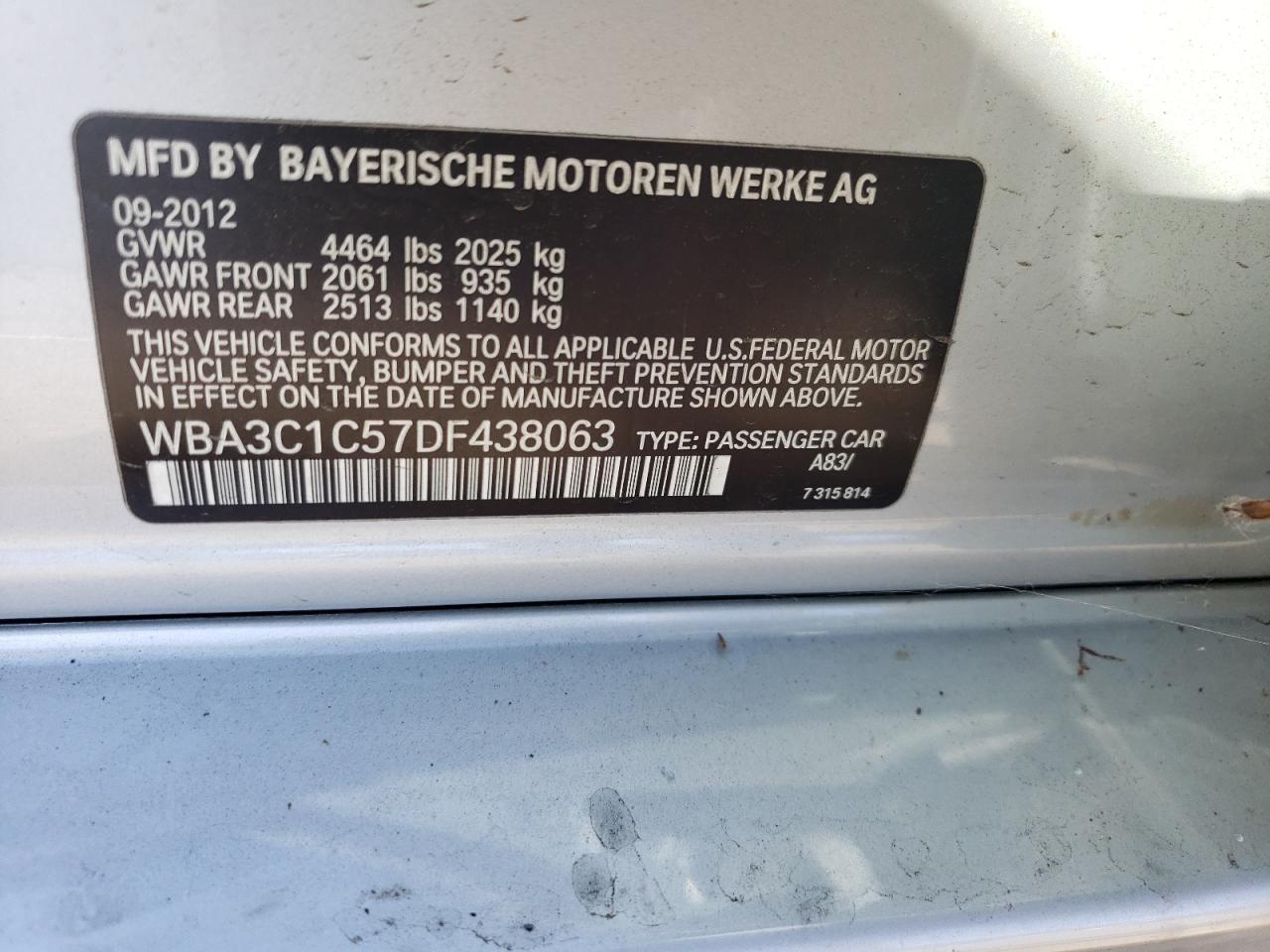 VIN WBA3C1C57DF438063 2013 BMW 3 SERIES no.12