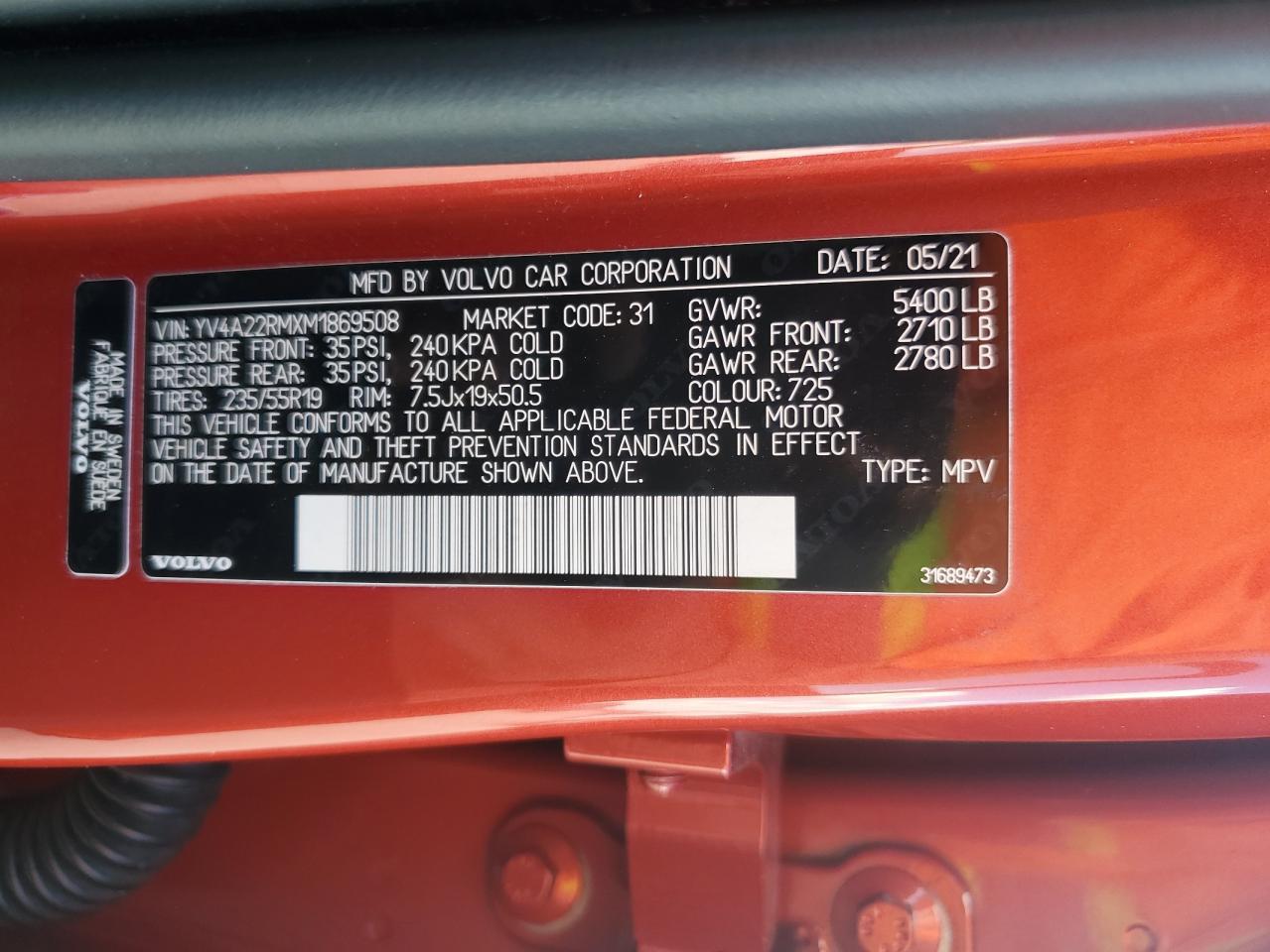 2021 Volvo Xc60 T6 R-Design VIN: YV4A22RMXM1869508 Lot: 87094584