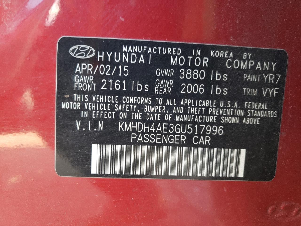 VIN KMHDH4AE3GU517996 2016 HYUNDAI ELANTRA no.12