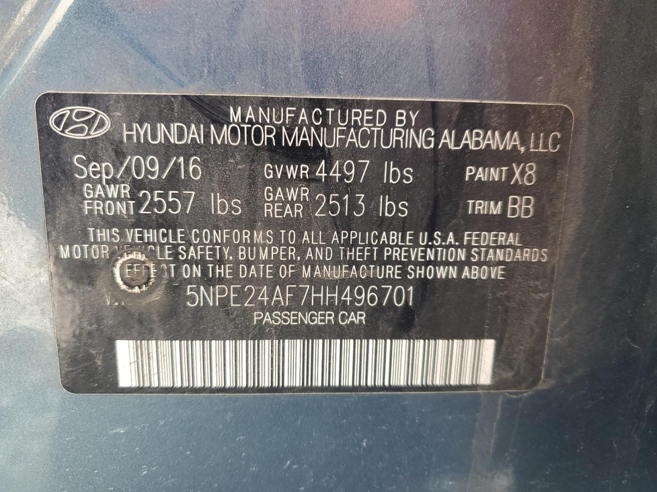 VIN 5NPE24AF7HH496701 2017 HYUNDAI SONATA no.12