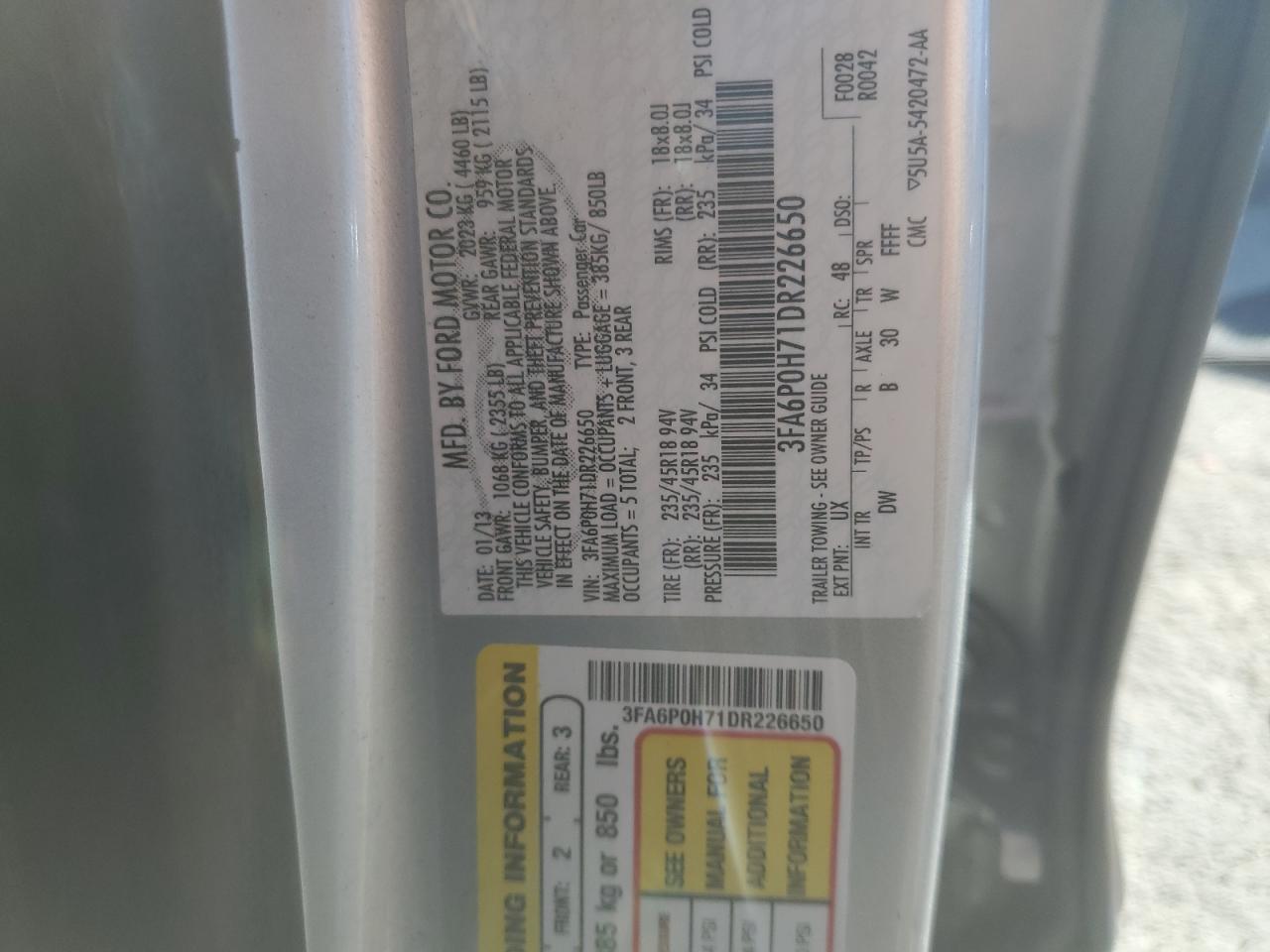 2013 Ford Fusion Se VIN: 3FA6P0H71DR226650 Lot: 84894554