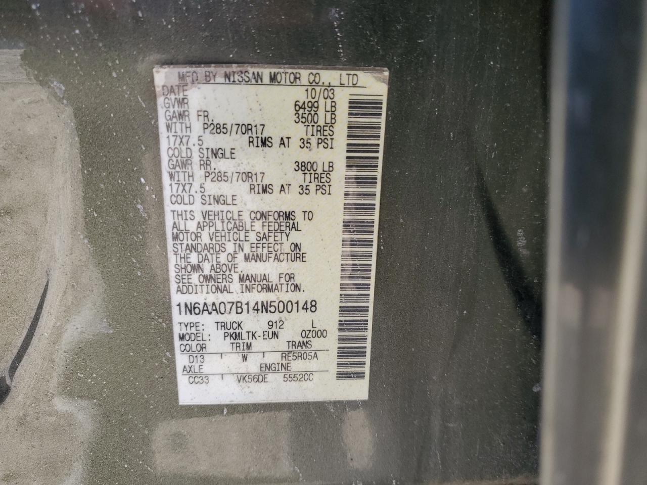 2004 Nissan Titan Xe VIN: 1N6AA07B14N500148 Lot: 84800974