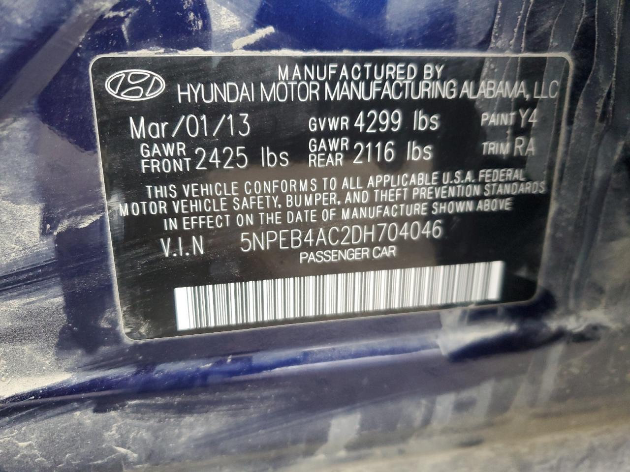 2013 Hyundai Sonata Gls VIN: 5NPEB4AC2DH704046 Lot: 83201304