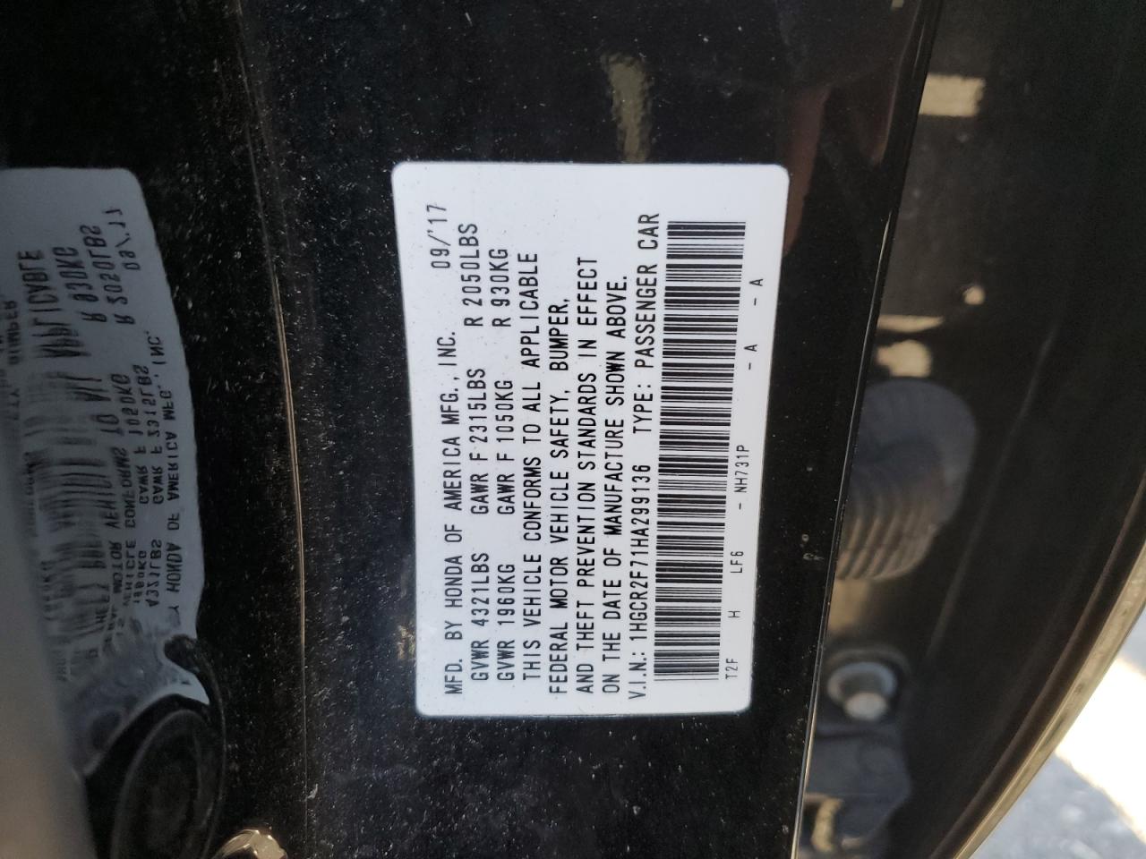 VIN 1HGCR2F71HA299136 2017 HONDA ACCORD no.12