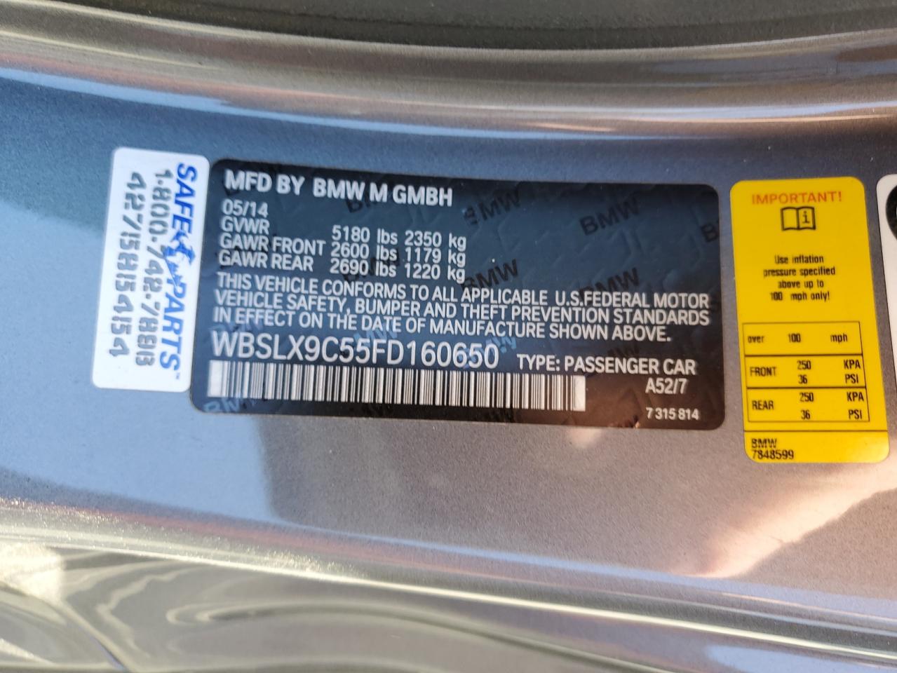 2015 BMW M6 VIN: WBSLX9C55FD160650 Lot: 85047974