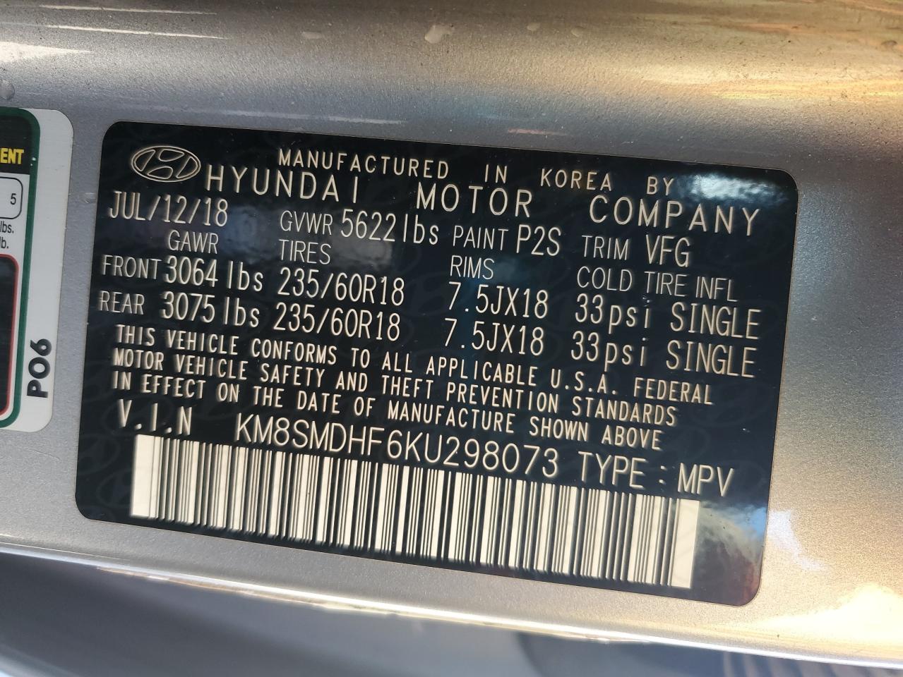 VIN KM8SMDHF6KU298073 2019 HYUNDAI SANTA FE no.13