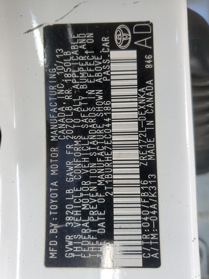 2014 Toyota Corolla L VIN: 2T1BURHE7EC044186 Lot: 85909364