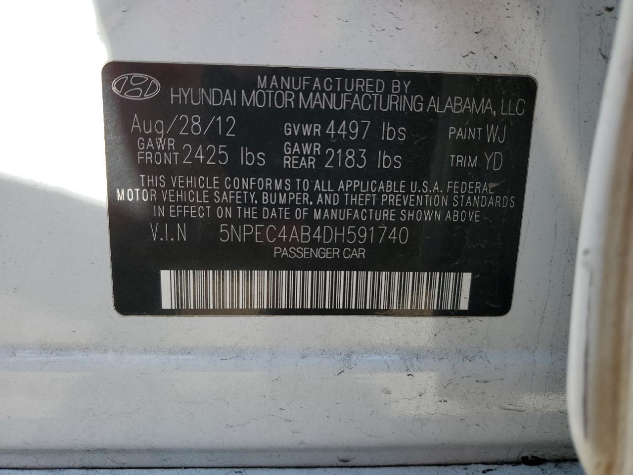 2013 Hyundai Sonata Se VIN: 5NPEC4AB4DH591740 Lot: 83229724