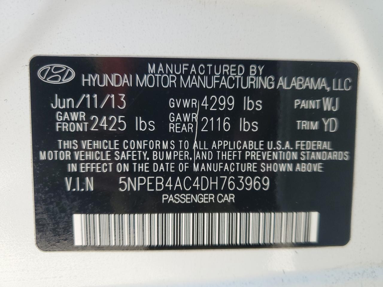 2013 Hyundai Sonata Gls VIN: 5NPEB4AC4DH763969 Lot: 85385194