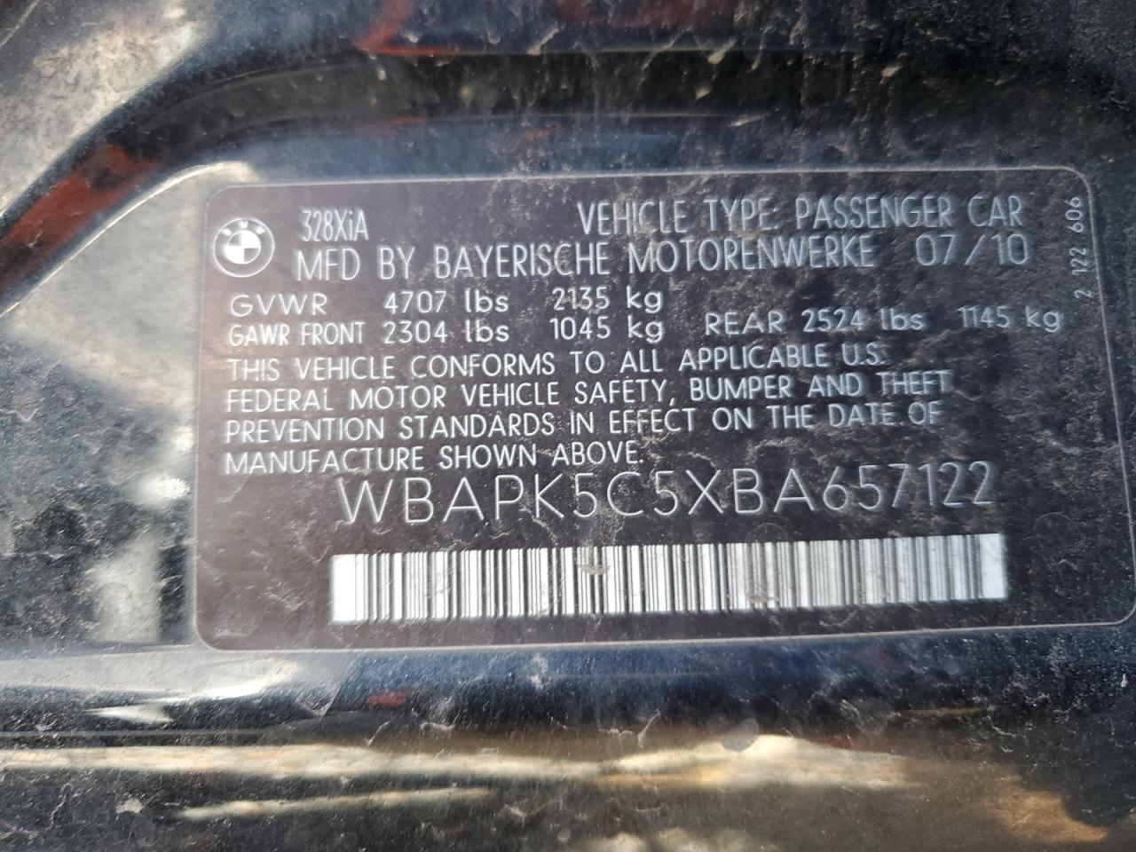 2011 BMW 328 Xi Sulev VIN: WBAPK5C5XBA657122 Lot: 43187409
