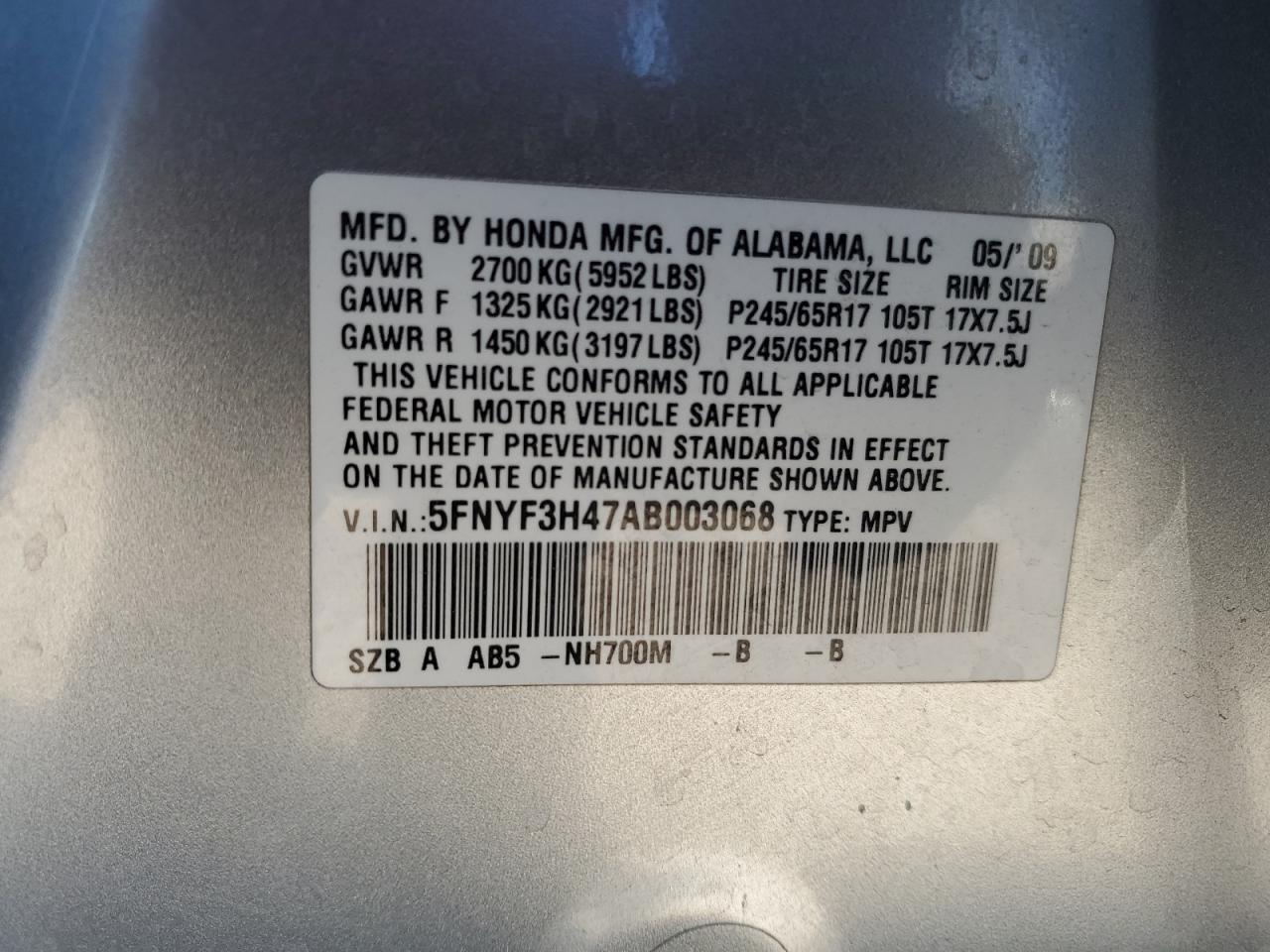 2010 Honda Pilot Ex VIN: 5FNYF3H47AB003068 Lot: 82785854