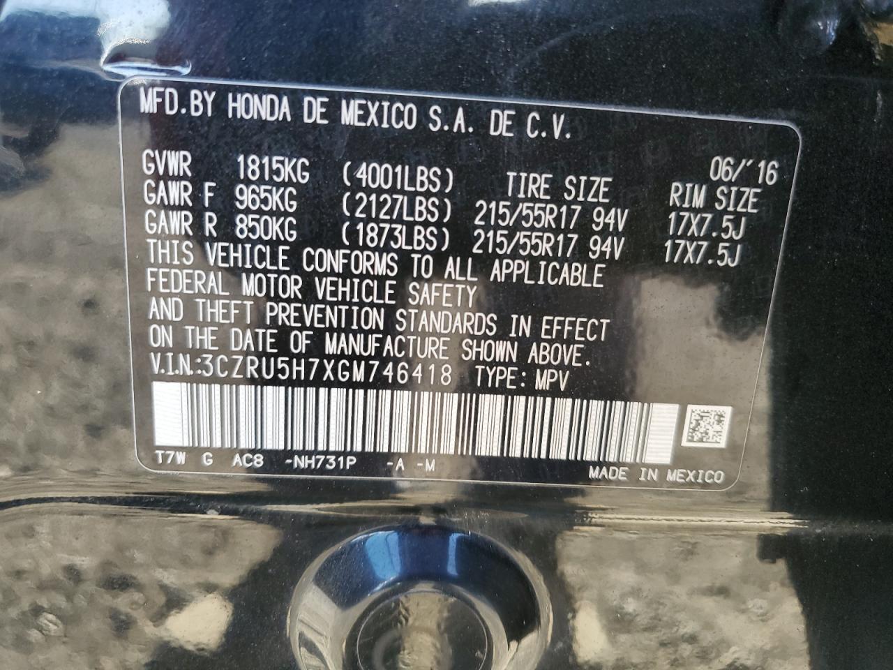 2016 Honda Hr-V Exl VIN: 3CZRU5H7XGM746418 Lot: 85506734