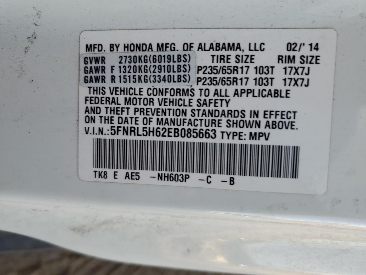 VIN 5FNRL5H62EB085663 2014 HONDA All Models no.13