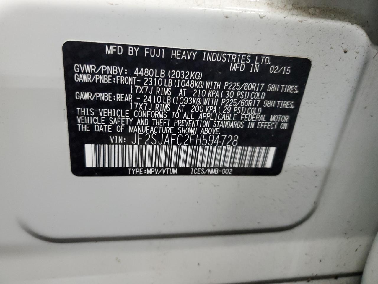 VIN JF2SJAFC2FH594728 2015 SUBARU FORESTER no.13