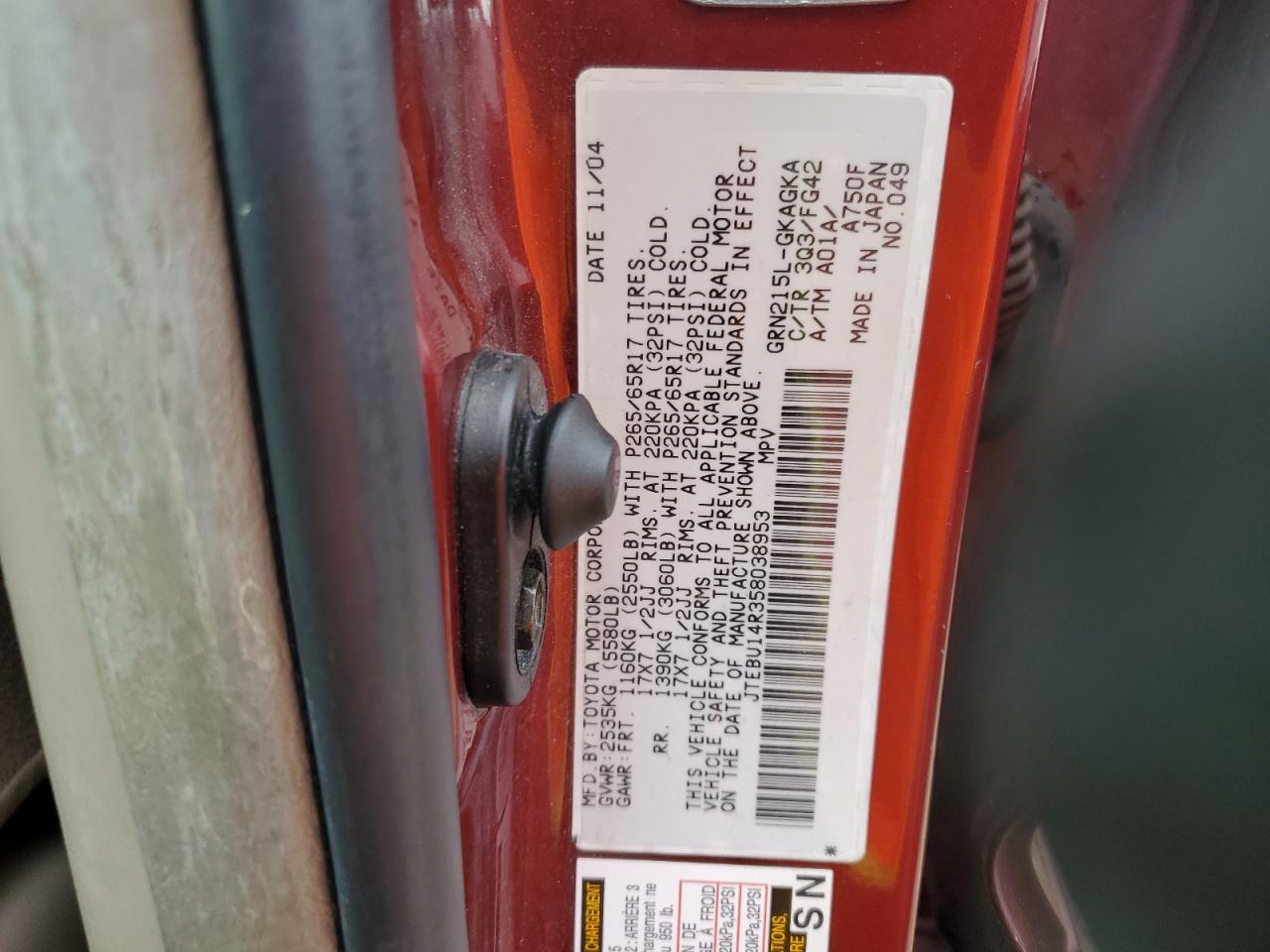 2005 Toyota 4Runner Sr5 VIN: JTEBU14R358038953 Lot: 82392744