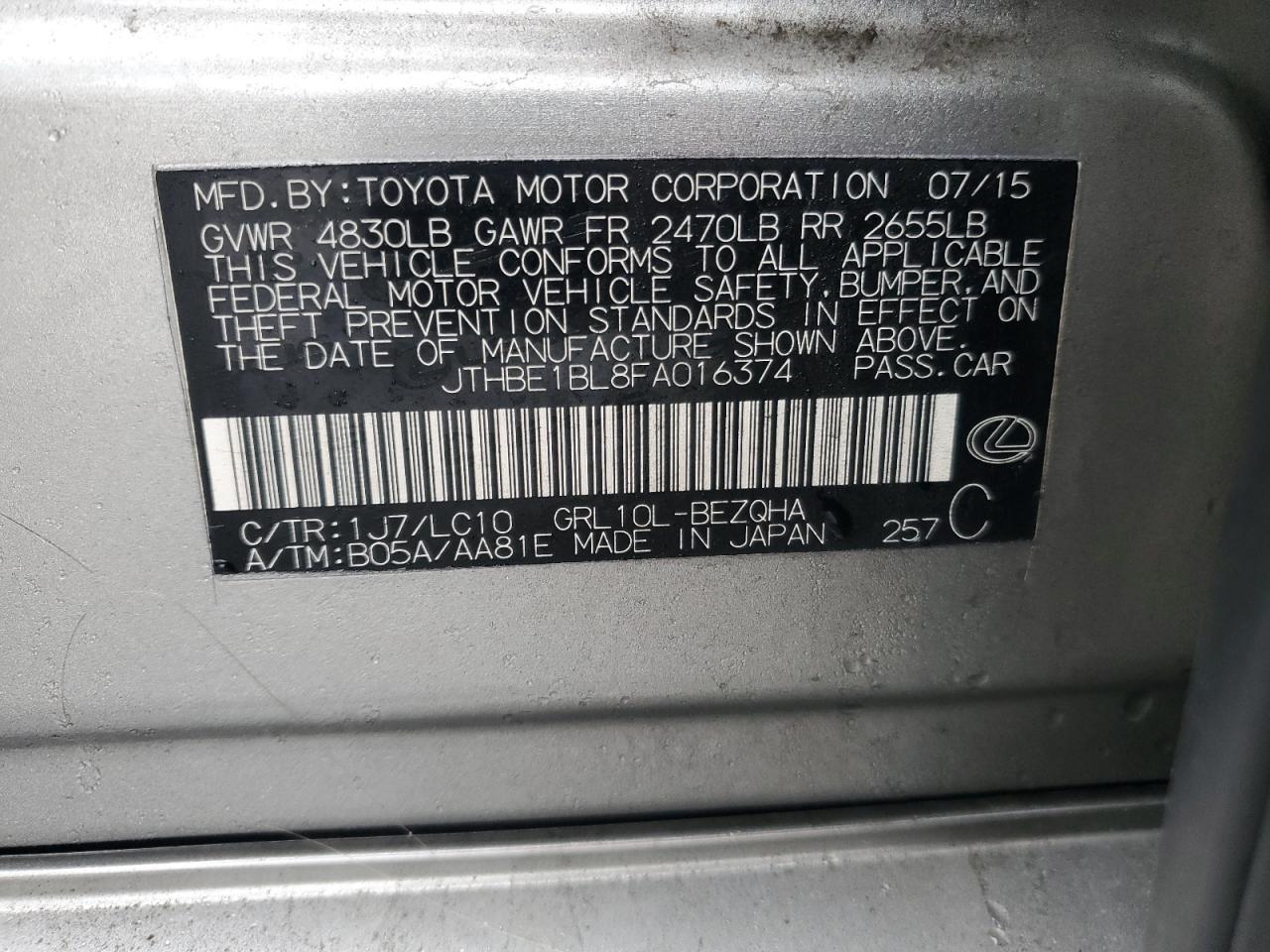 2015 Lexus Gs 350 VIN: JTHBE1BL8FA016374 Lot: 84525924