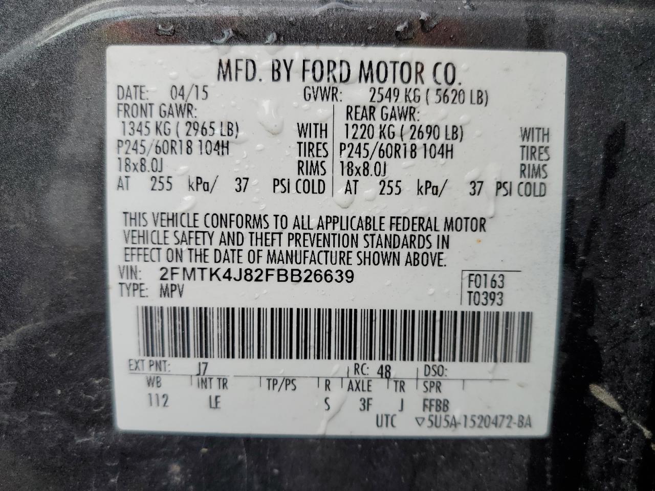 VIN 2FMTK4J82FBB26639 2015 FORD EDGE no.13