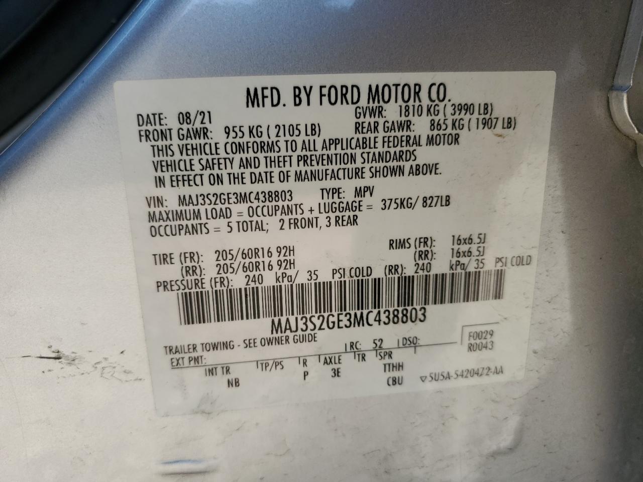 2021 Ford Ecosport Se VIN: MAJ3S2GE3MC438803 Lot: 85003704