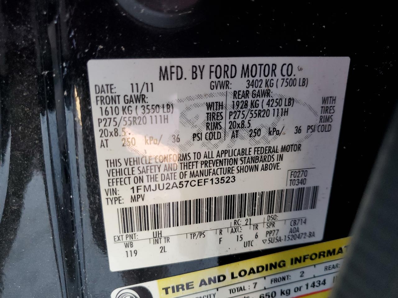 2012 Ford Expedition Limited VIN: 1FMJU2A57CEF13523 Lot: 83742864