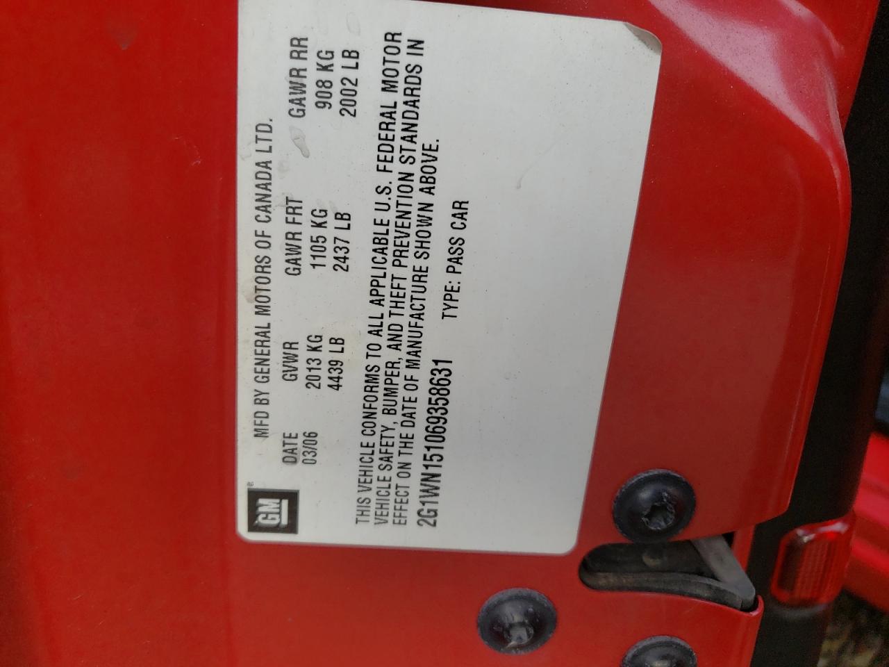 2006 Chevrolet Monte Carlo Ltz VIN: 2G1WN151069358631 Lot: 84438084