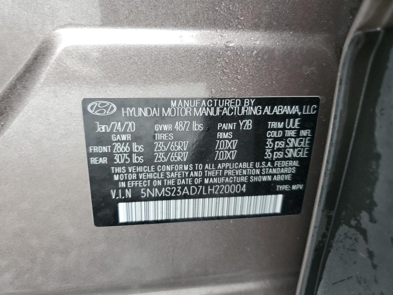 VIN 5NMS23AD7LH220004 2020 HYUNDAI SANTA FE no.14