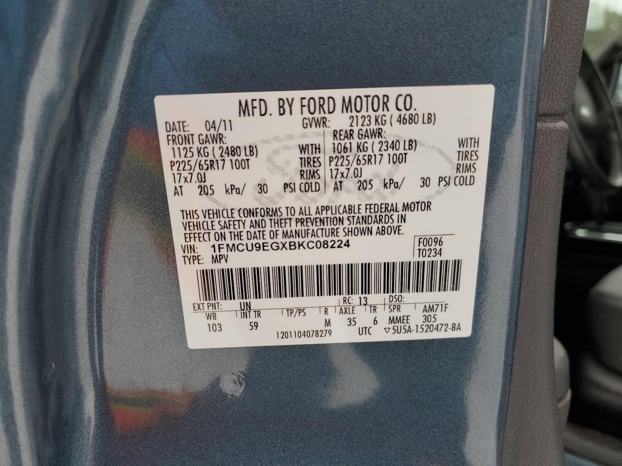 2011 Ford Escape Limited VIN: 1FMCU9EGXBKC08224 Lot: 84266564