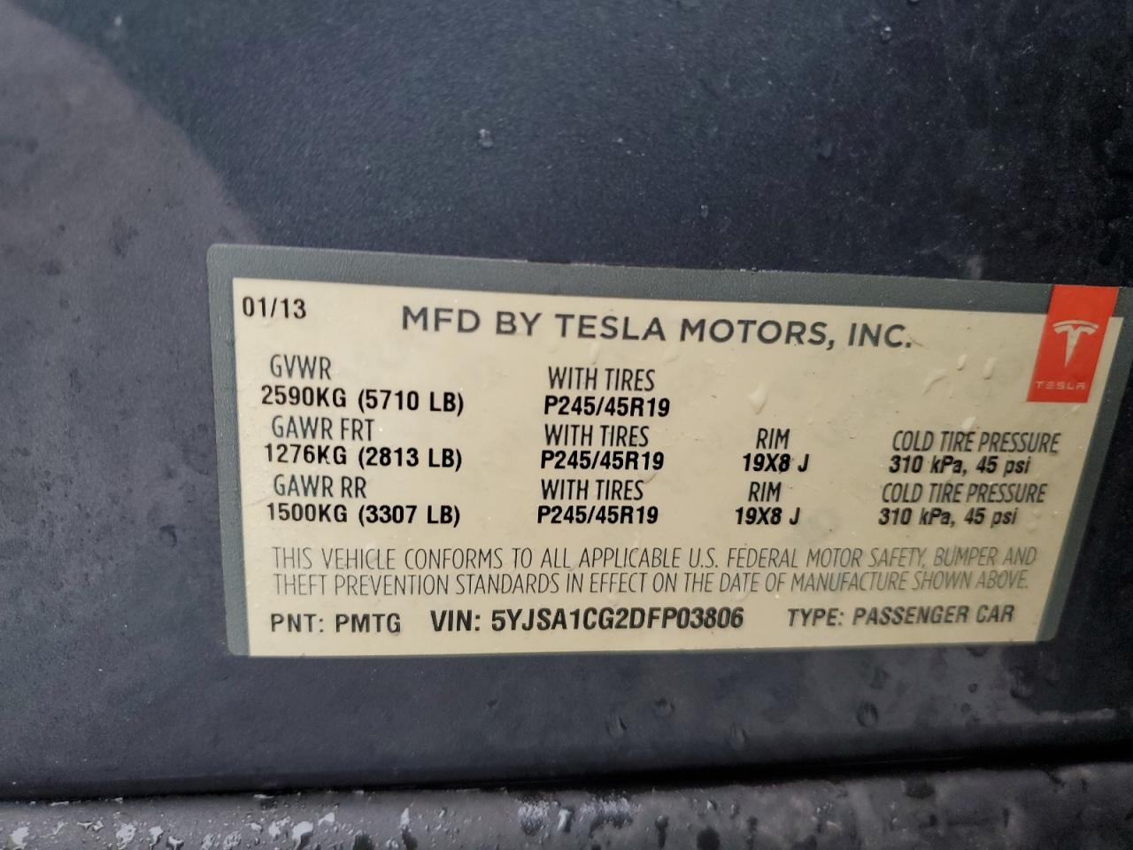 2013 Tesla Model S VIN: 5YJSA1CG2DFP03806 Lot: 84617954