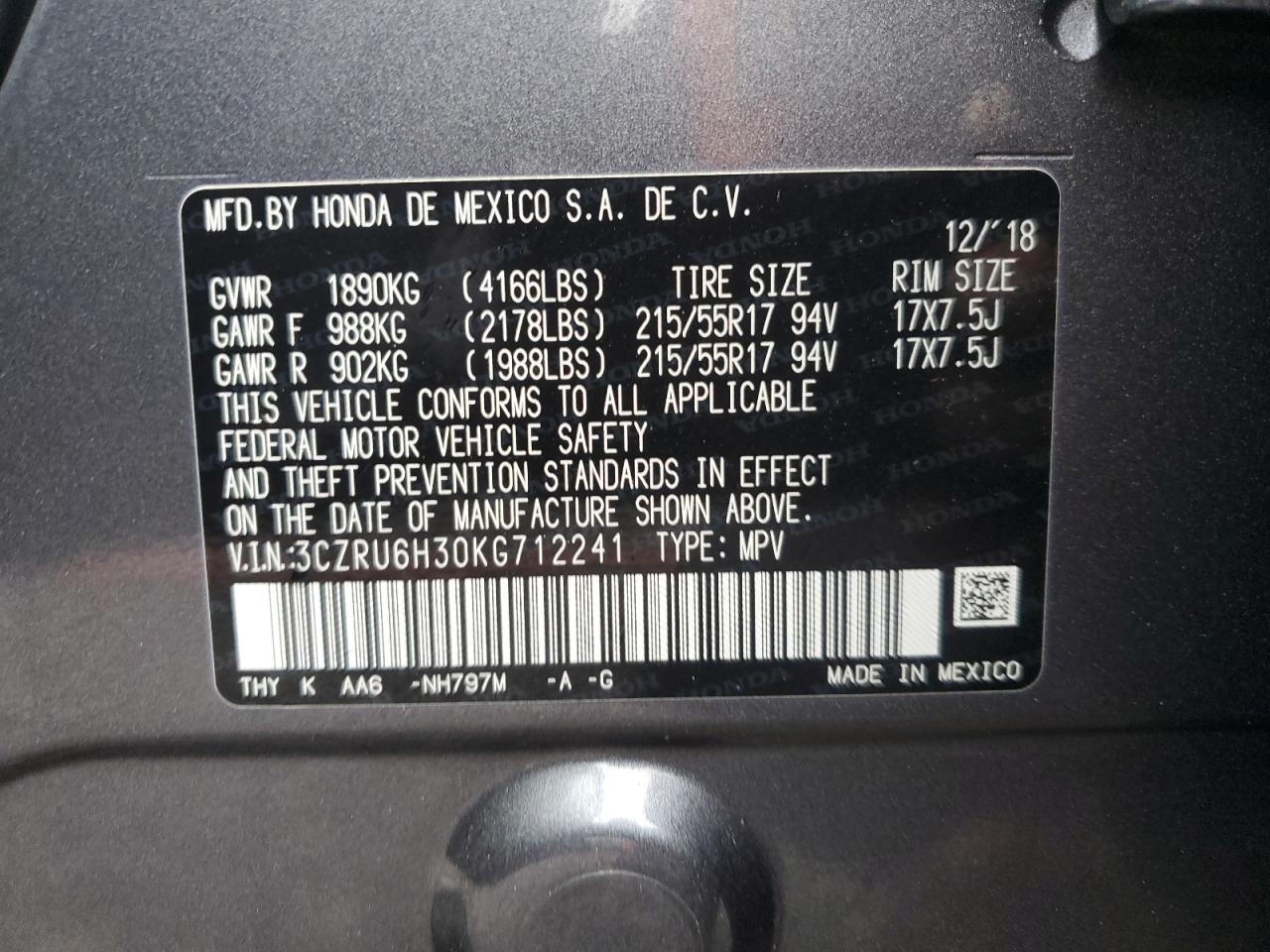 VIN 3CZRU6H30KG712241 2019 HONDA HR-V no.14