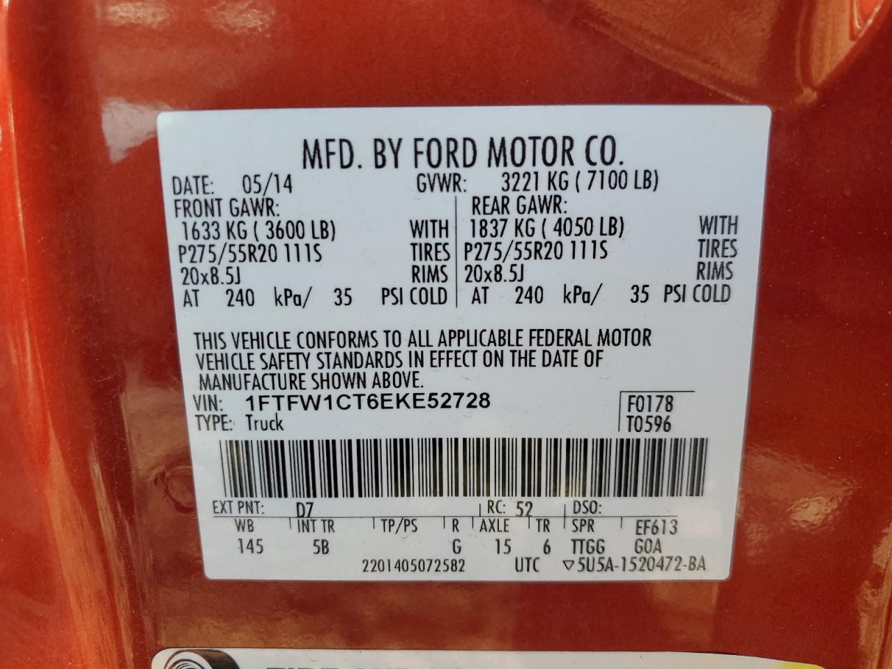 VIN 1FTFW1CT6EKE52728 2014 FORD F-150 no.12