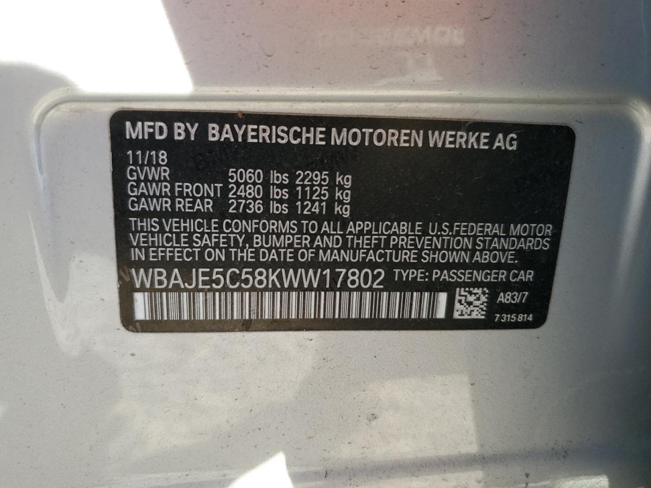 2019 BMW 540 I VIN: WBAJE5C58KWW17802 Lot: 82768984