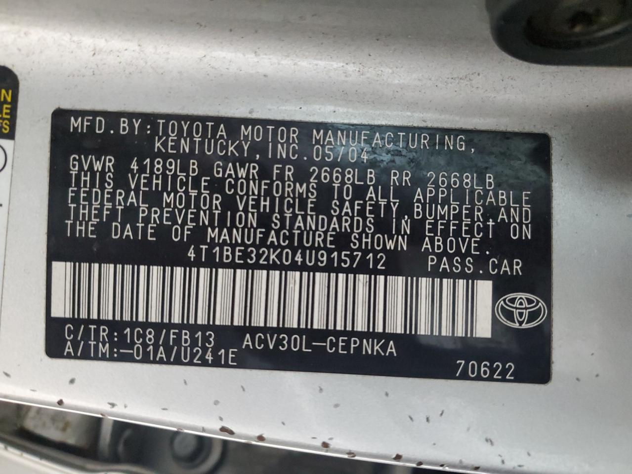 2004 Toyota Camry Le VIN: 4T1BE32K04U915712 Lot: 87228944