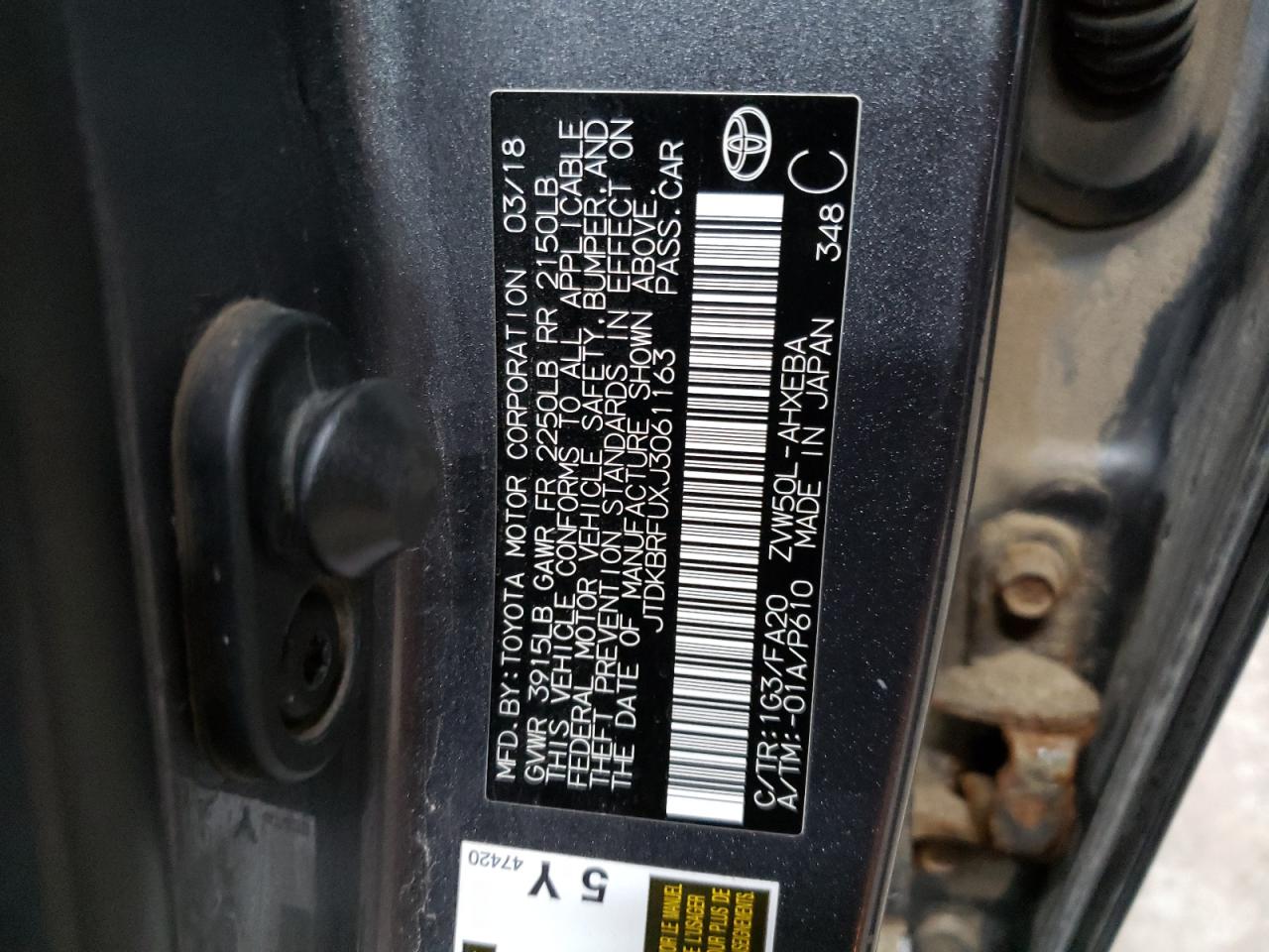 VIN JTDKBRFUXJ3061163 2018 TOYOTA PRIUS no.13