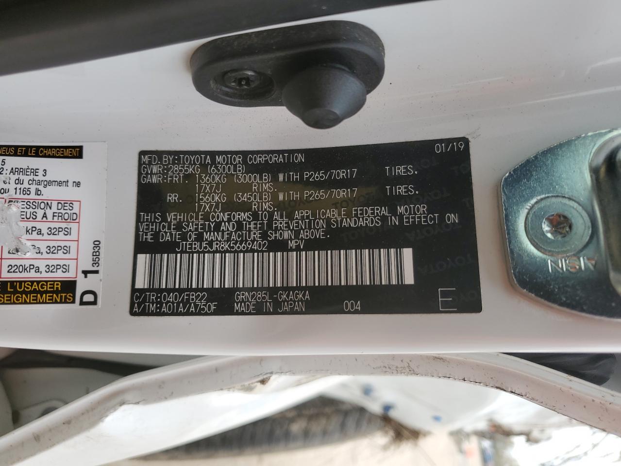 2019 Toyota 4Runner Sr5 VIN: JTEBU5JR8K5669402 Lot: 85510354