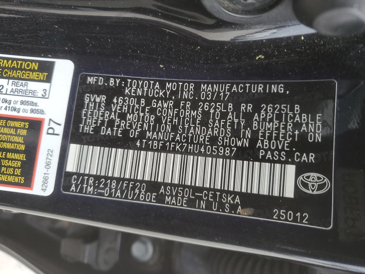 VIN 4T1BF1FK7HU405987 2017 TOYOTA CAMRY no.12