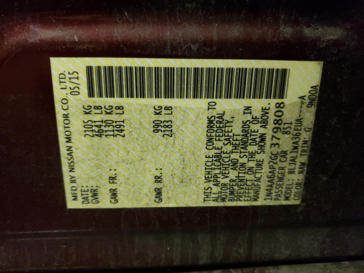 2016 Nissan Maxima 3.5S VIN: 1N4AA6AP2GC379808 Lot: 84374354