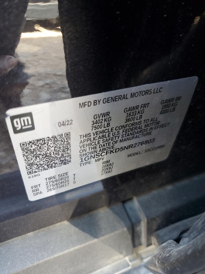 2022 Chevrolet Suburban C1500 Premier VIN: 1GNSCFKD5NR276803 Lot: 83861124