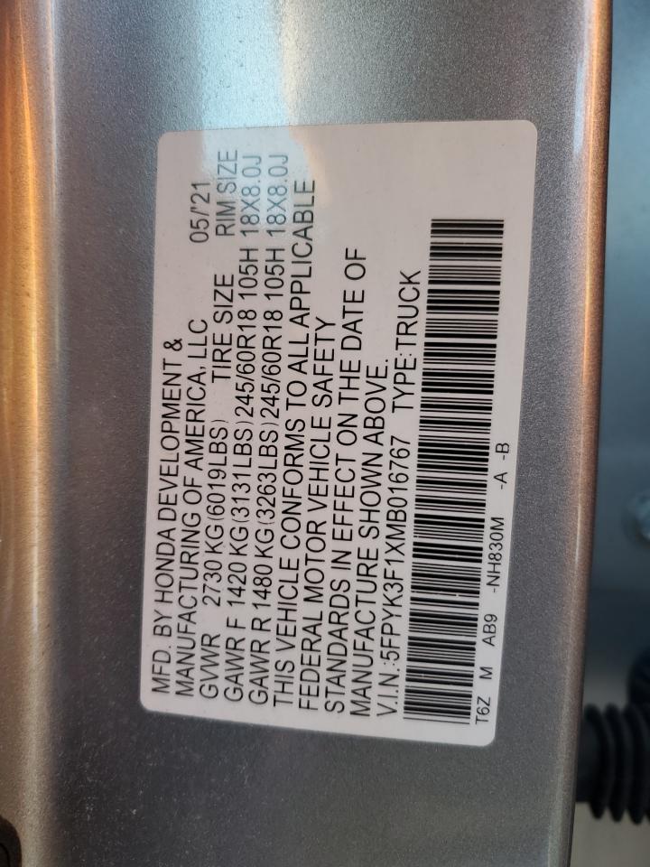 2021 Honda Ridgeline Sport VIN: 5FPYK3F1XMB016767 Lot: 85921404