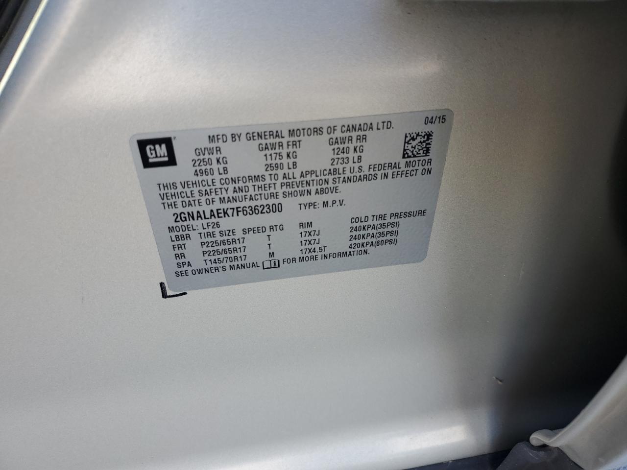 2015 Chevrolet Equinox Ls VIN: 2GNALAEK7F6362300 Lot: 84848954