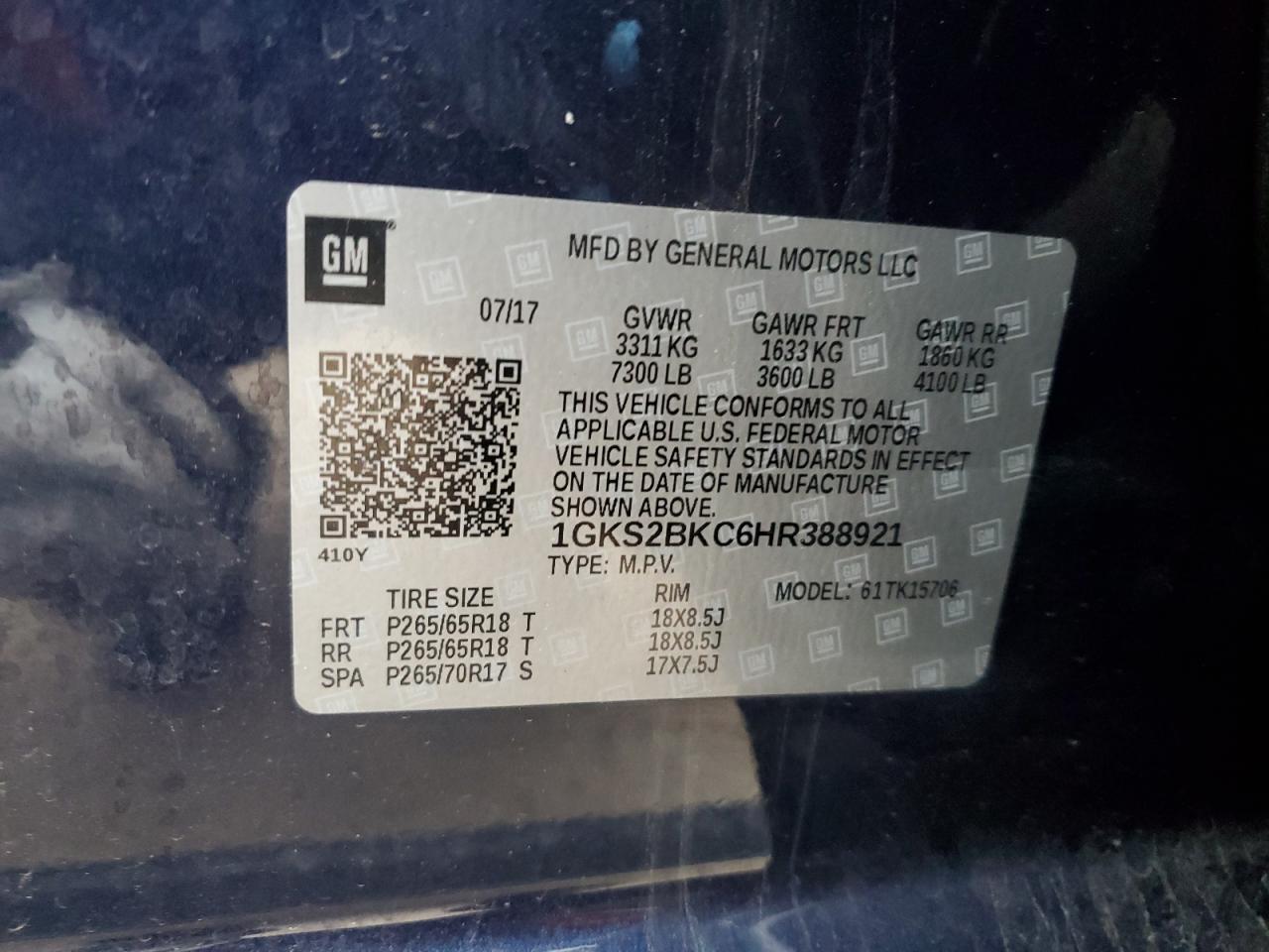 VIN 1GKS2BKC6HR388921 2017 GMC YUKON no.13