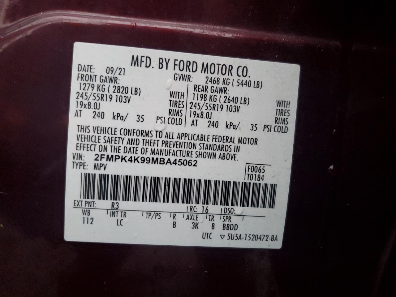 VIN 2FMPK4K99MBA45062 2021 FORD EDGE no.13