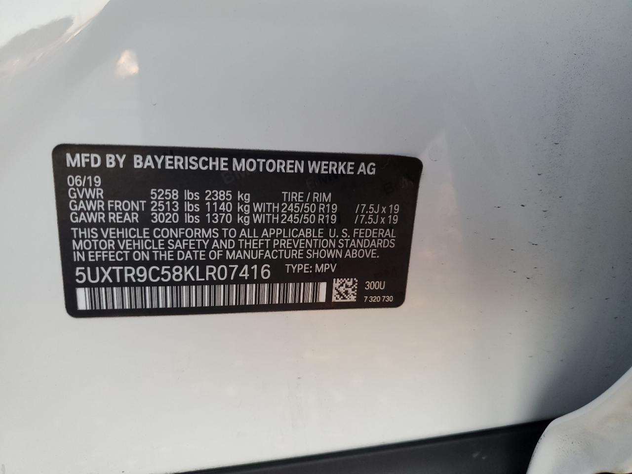 VIN 5UXTR9C58KLR07416 2019 BMW X3 no.13