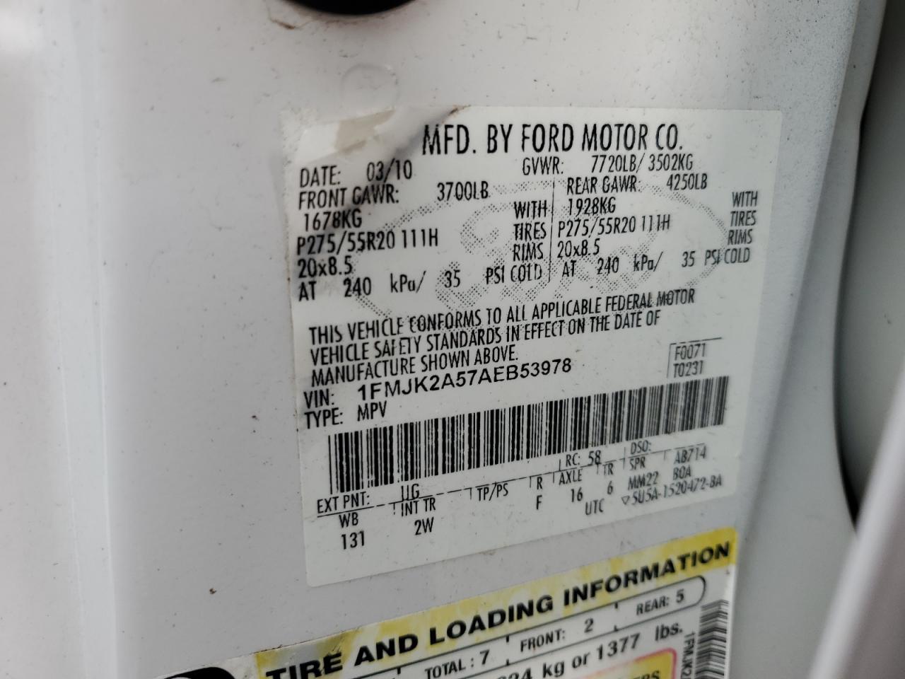 2010 Ford Expedition El Limited VIN: 1FMJK2A57AEB53978 Lot: 84948534