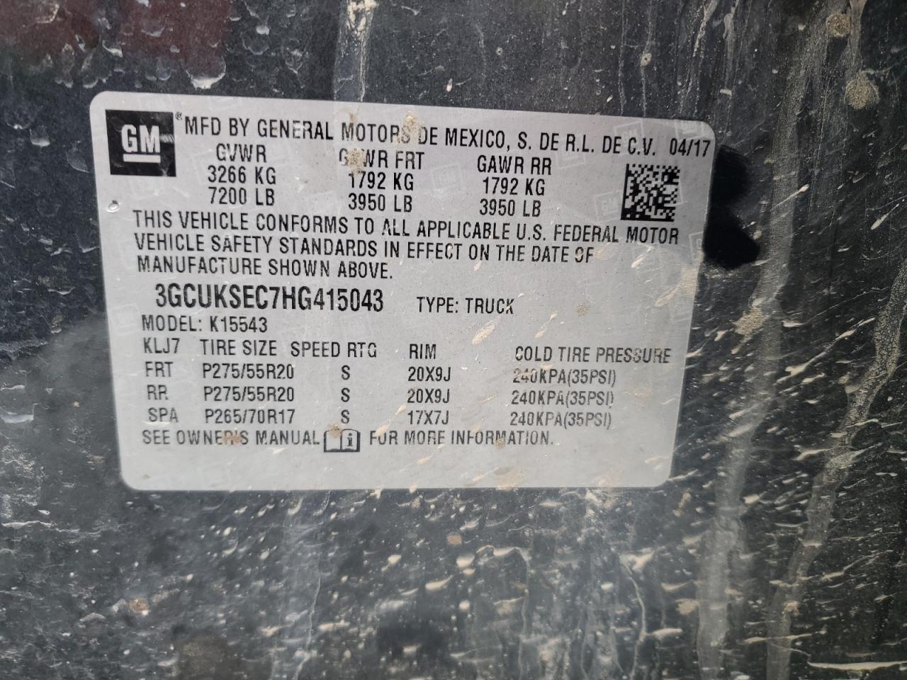 2017 Chevrolet Silverado K1500 Ltz VIN: 3GCUKSEC7HG415043 Lot: 84863644
