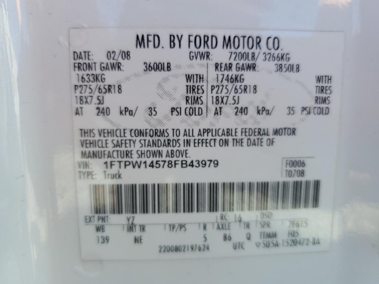 2008 Ford F150 Supercrew VIN: 1FTPW14578FB43979 Lot: 86138514