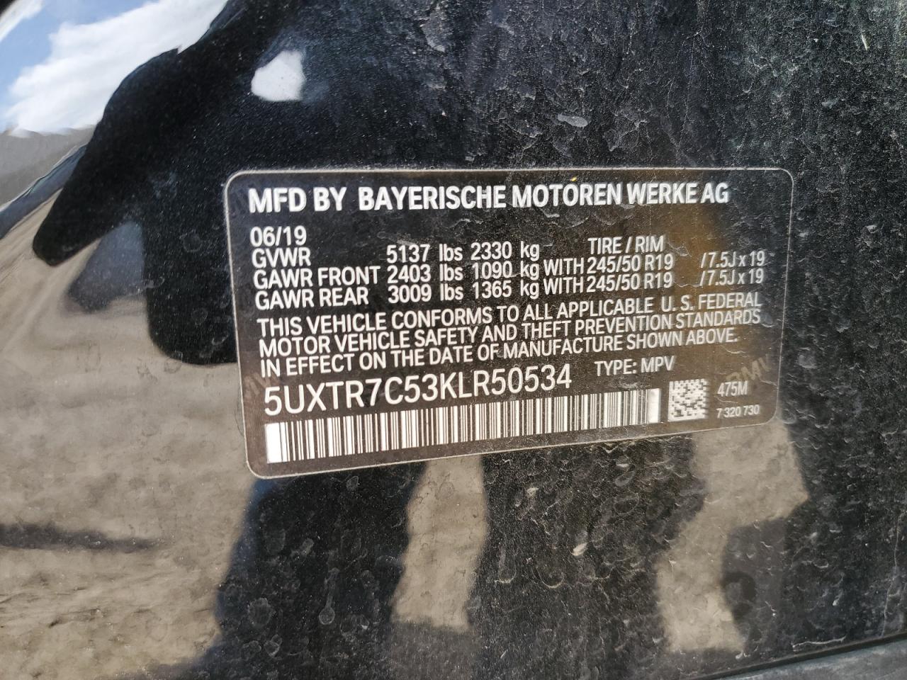 2019 BMW X3 Sdrive30I VIN: 5UXTR7C53KLR50534 Lot: 85670654