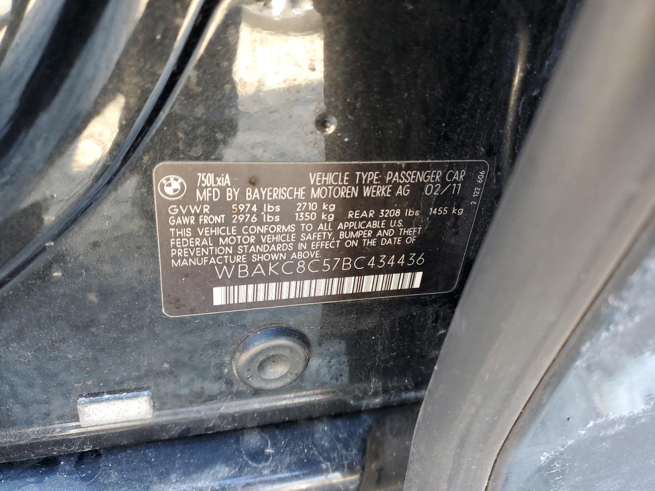 2011 BMW 750 Lxi VIN: WBAKC8C57BC434436 Lot: 82767714