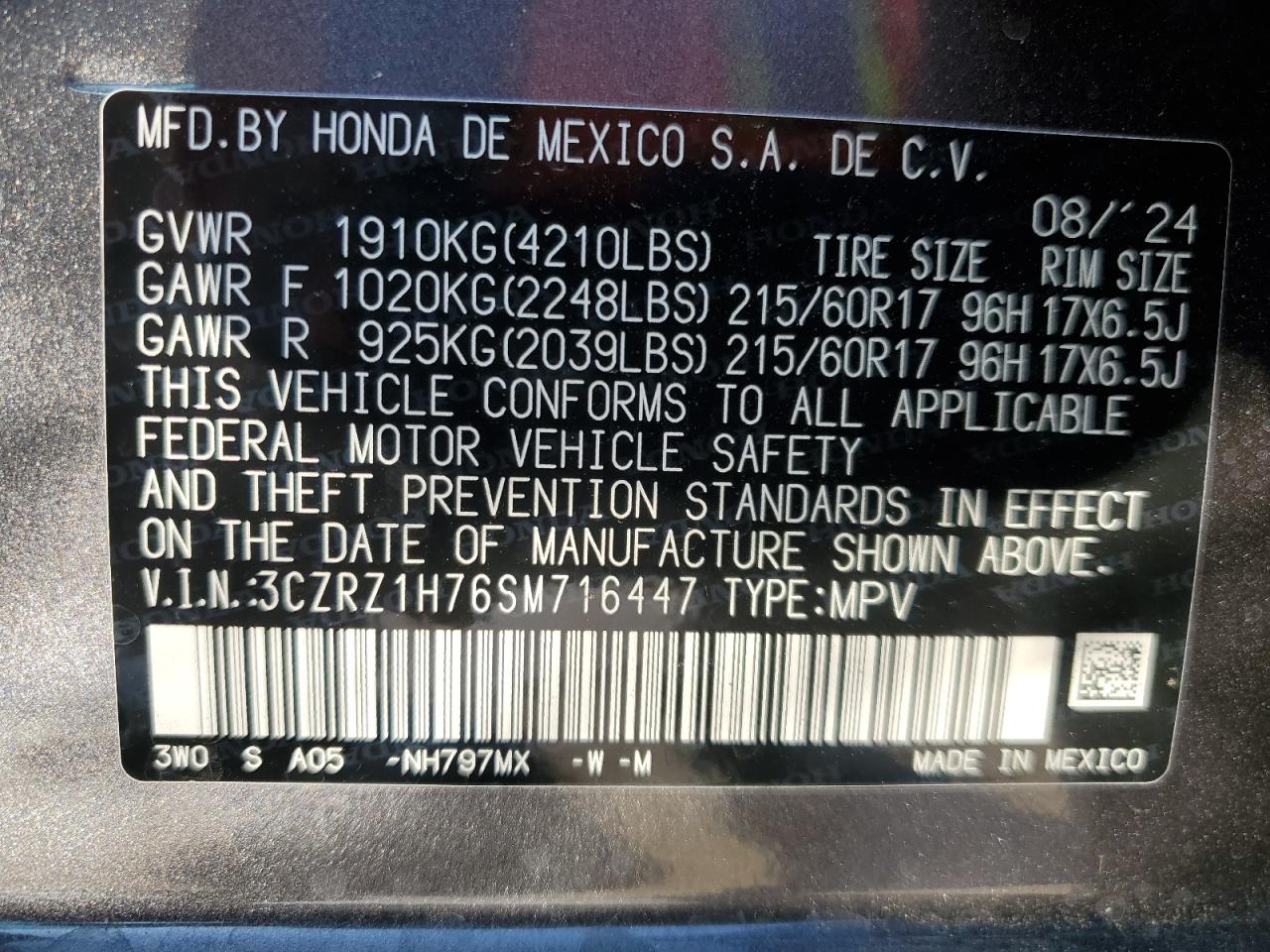 2025 Honda Hr-V Exl VIN: 3CZRZ1H76SM716447 Lot: 83384114