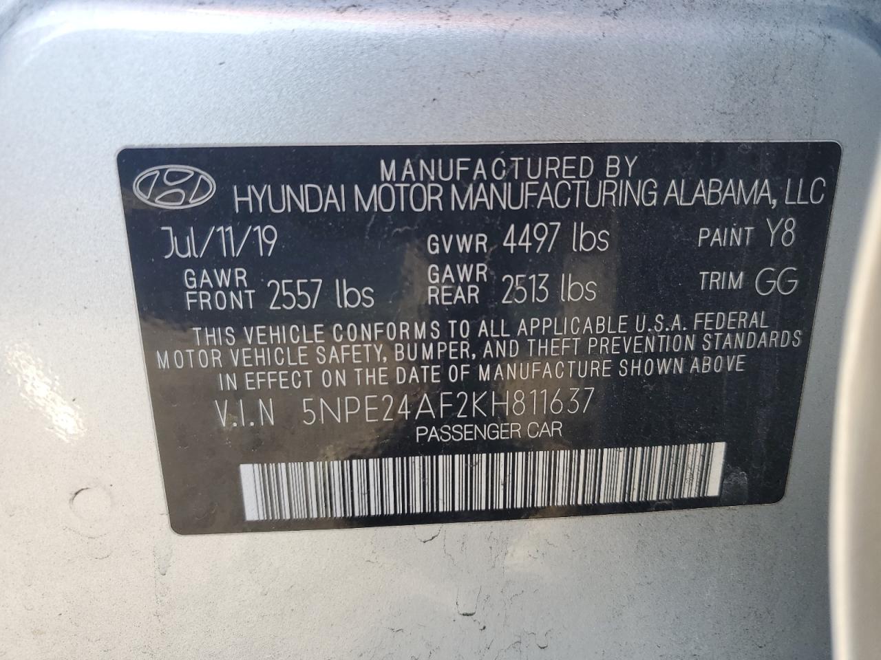 VIN 5NPE24AF2KH811637 2019 HYUNDAI SONATA no.12