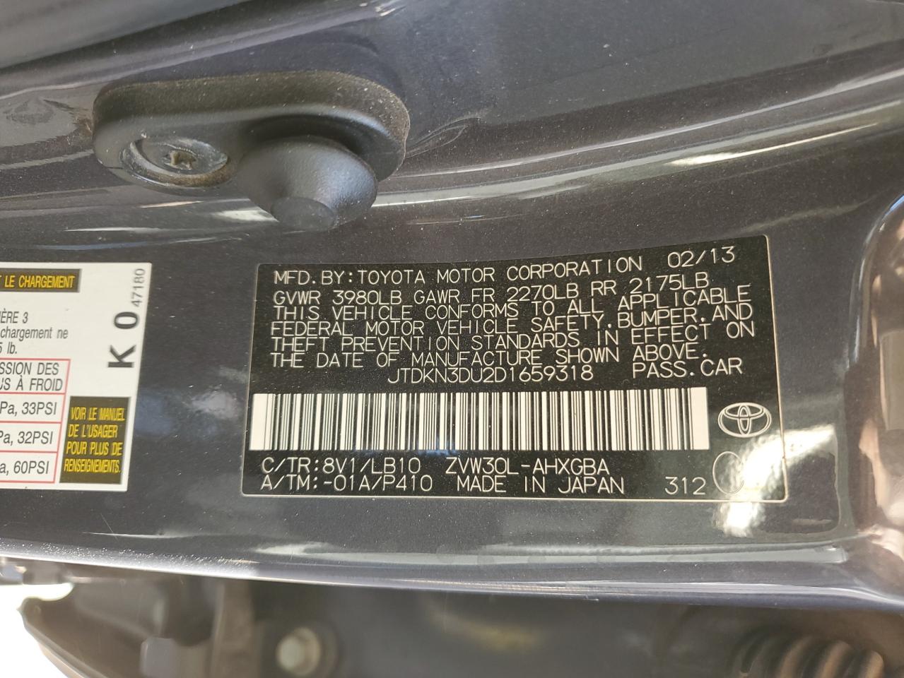 VIN JTDKN3DU2D1659318 2013 TOYOTA PRIUS no.12