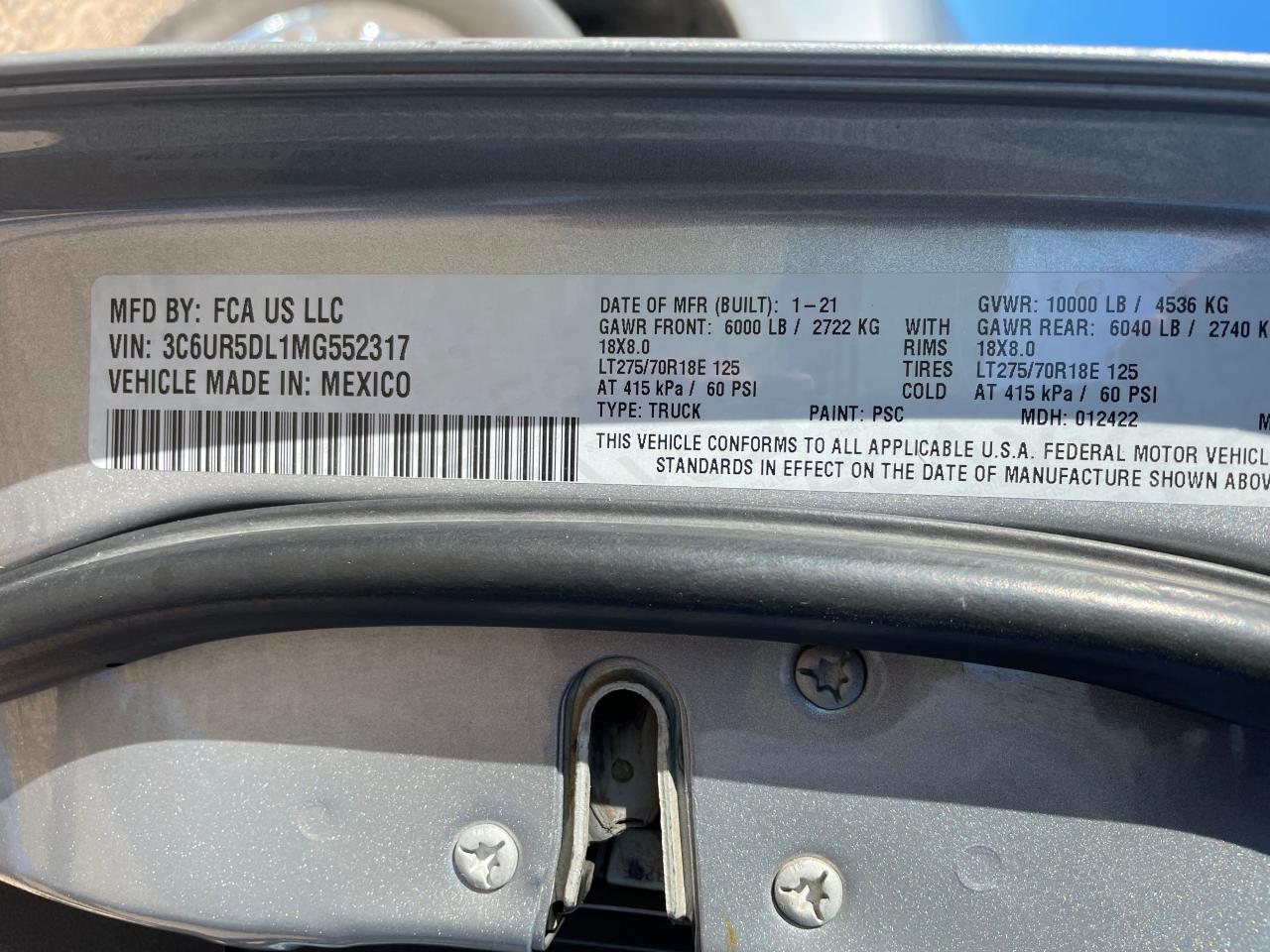 2021 Ram 2500 Big Horn VIN: 3C6UR5DL1MG552317 Lot: 85389474